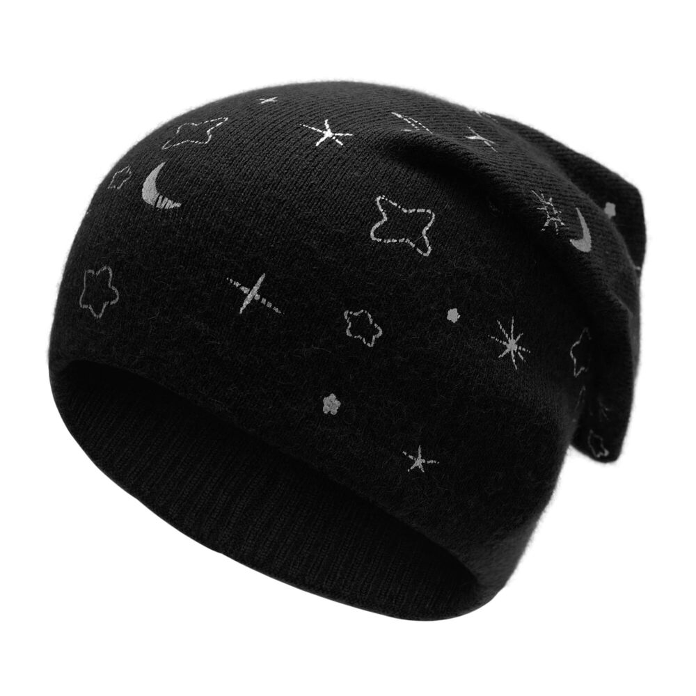 8628 Knit Slouchy Beanie Hats Soft Winter Stretch Skull Cap Stars Black